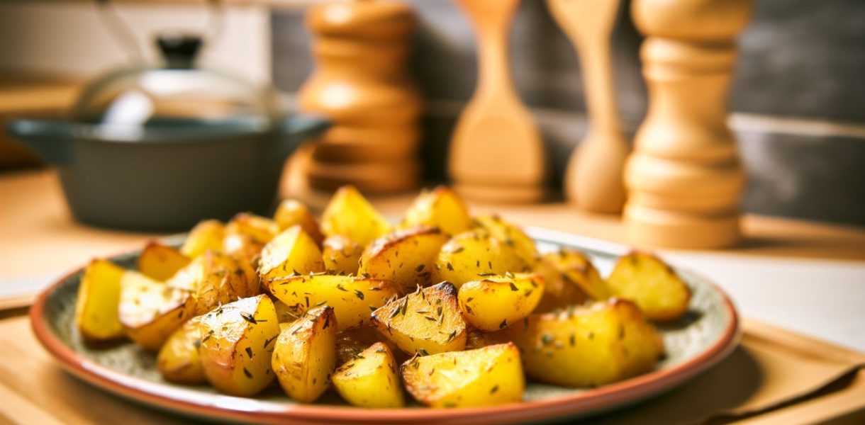 Un plat de pommes de terre rôties aux herbes, bien dorées et croustillantes, servies dans une assiette rustique.