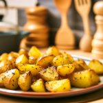 Un plat de pommes de terre rôties aux herbes, bien dorées et croustillantes, servies dans une assiette rustique.