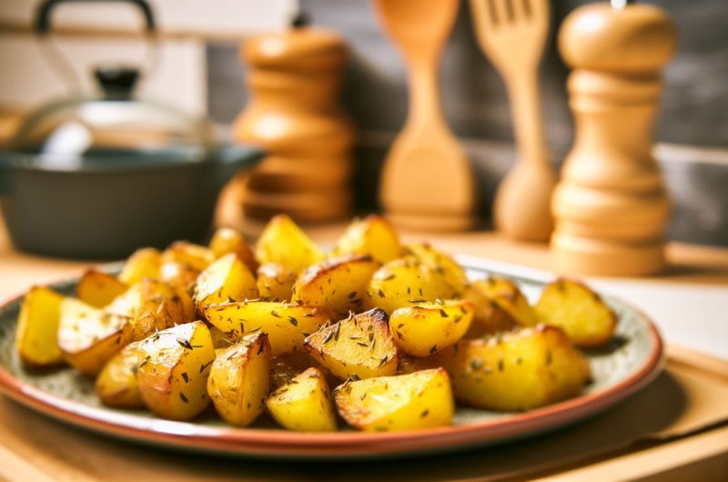 Un plat de pommes de terre rôties aux herbes, bien dorées et croustillantes, servies dans une assiette rustique.