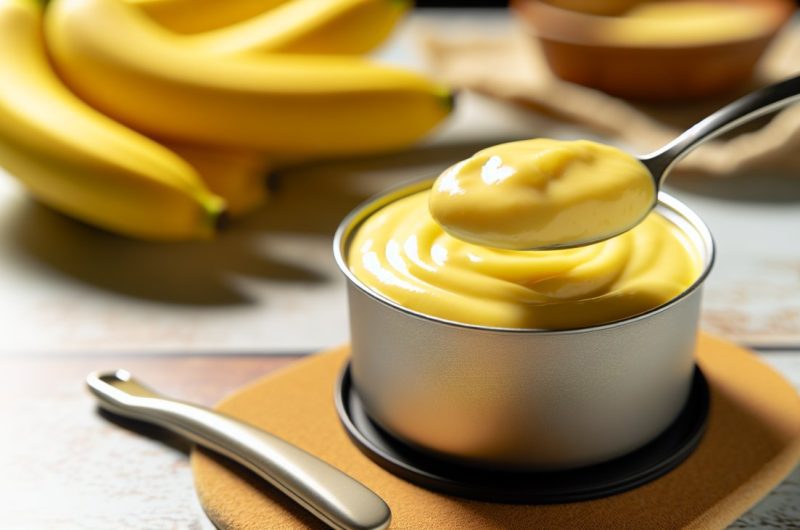 Un pot de crème à la banane avec une cuillère et des bananes en arrière-plan.