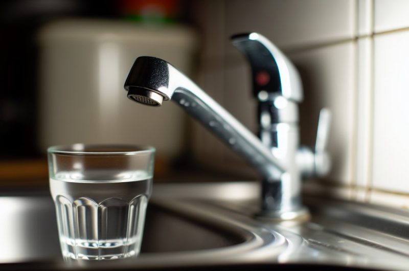 Un robinet d'eau fermé avec un verre d'eau à moitié plein à côté.