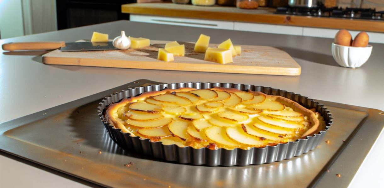 Une tarte fine aux pommes de terre et raclette fraîchement sortie du four, présentée sur une table de cuisine.