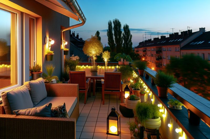 Une terrasse joliment décorée avec des plantes, des meubles d'extérieur confortables et des lumières tamisées.