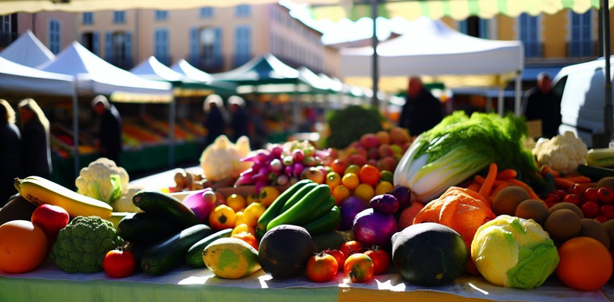 Un assortiment coloré de fruits et légumes frais, connus pour leurs bienfaits pour la peau, disposés sur une table.