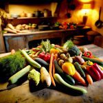 Un assortiment de légumes d'hiver frais et colorés sur une table en bois rustique.