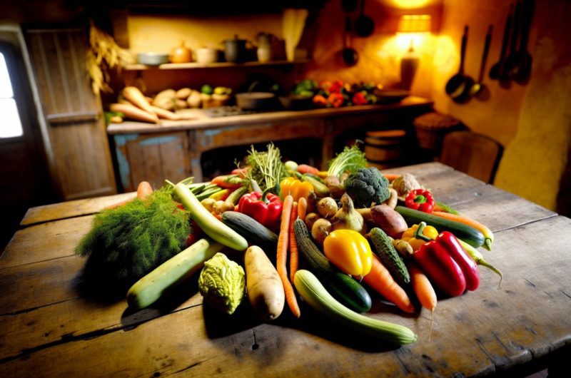 Un assortiment de légumes d'hiver frais et colorés sur une table en bois rustique.