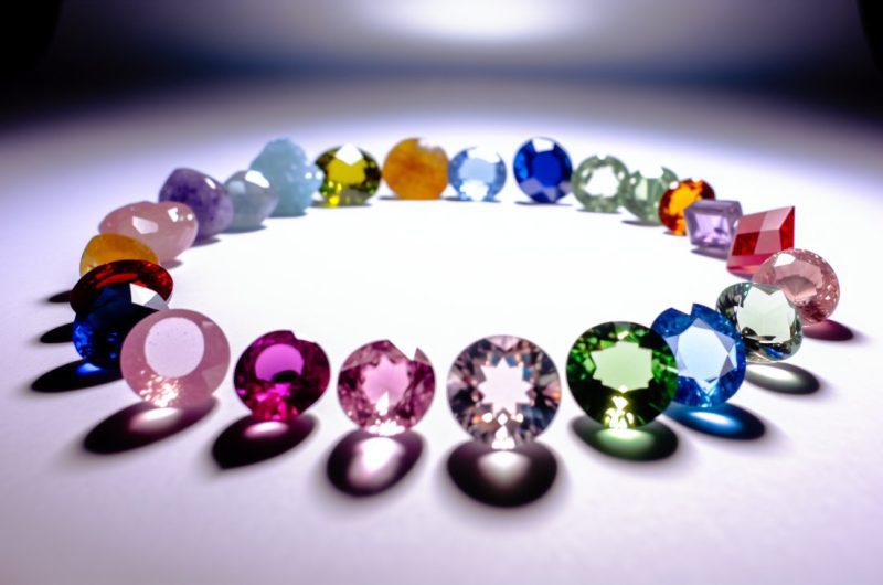 Un assortiment de pierres précieuses colorées disposées en forme de cercle, représentant les douze signes du zodiaque.