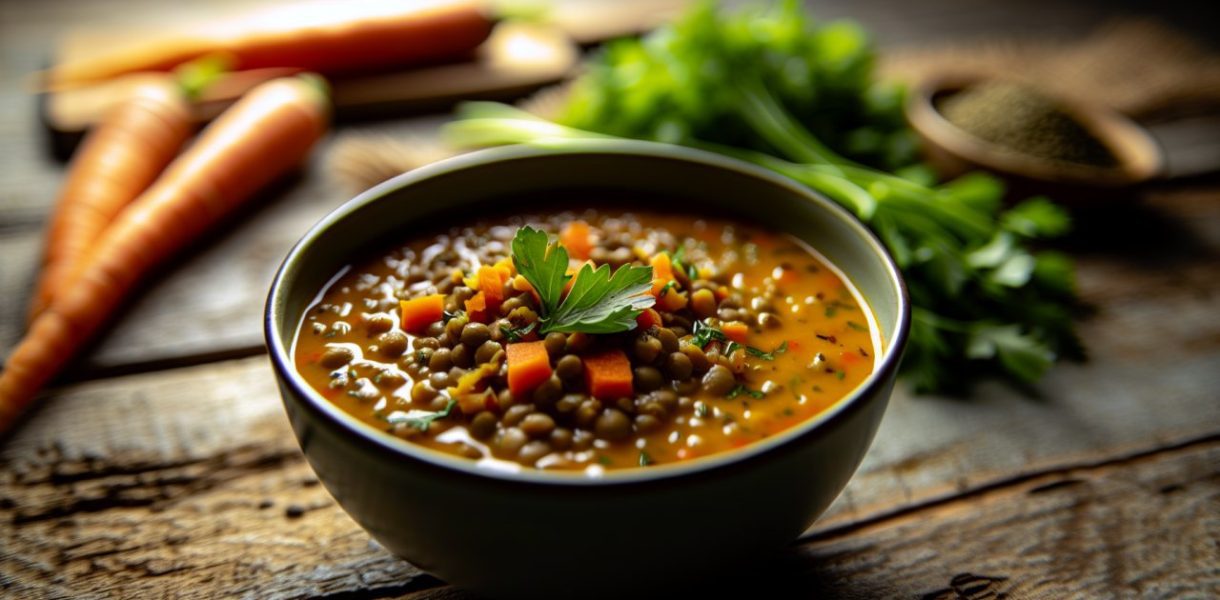 Un bol de soupe de lentilles aux carottes et cumin, garni d'herbes fraîches, posé sur une table rustique.