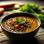 Un bol de soupe de lentilles aux carottes et cumin, garni d'herbes fraîches, posé sur une table rustique.