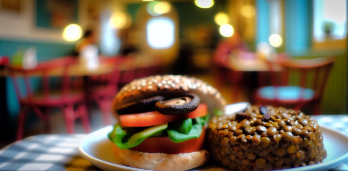 Un burger végétarien aux lentilles et champignons shiitake joliment présenté dans une assiette.