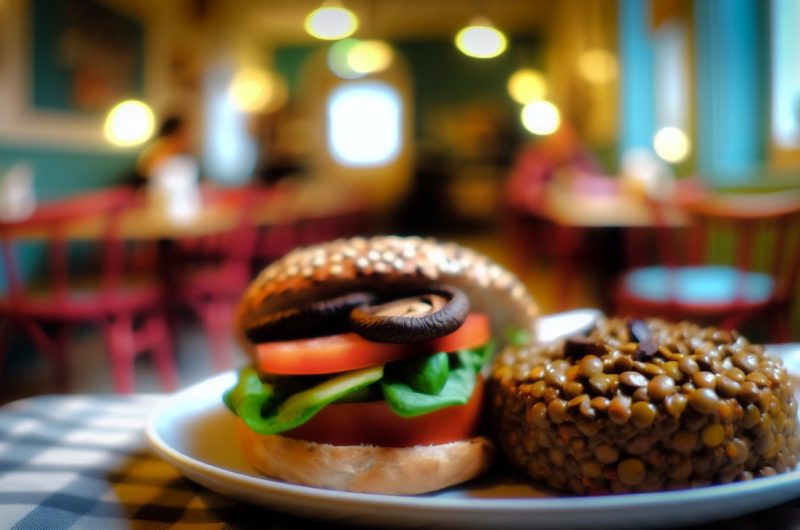 Un burger végétarien aux lentilles et champignons shiitake joliment présenté dans une assiette.