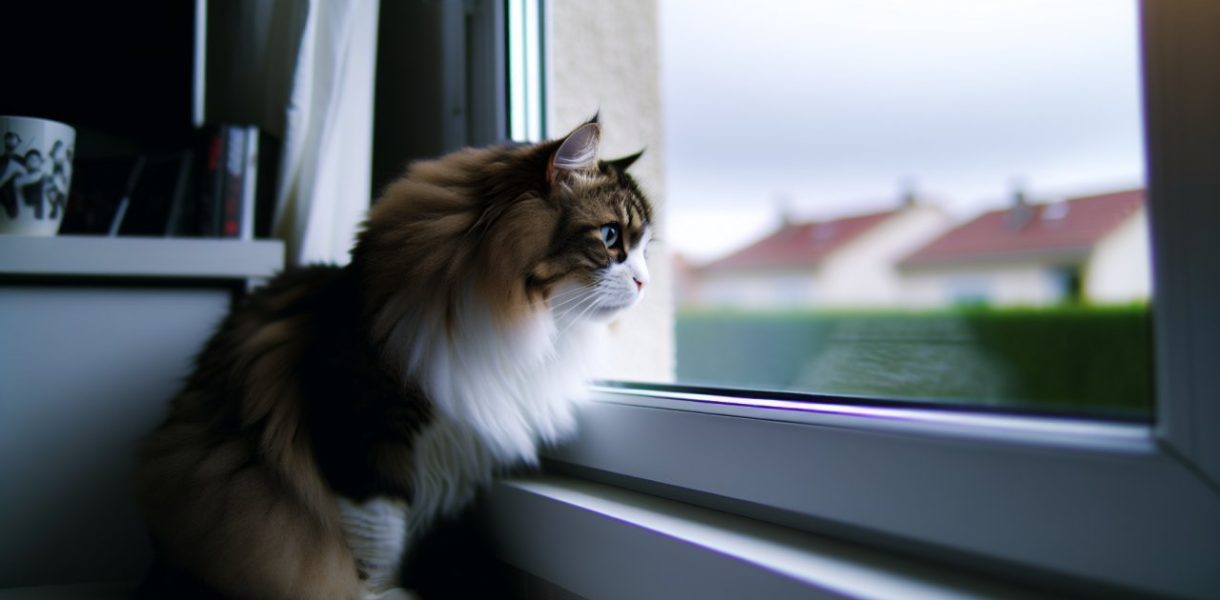 Un chat assis à la fenêtre regardant tristement l'extérieur.