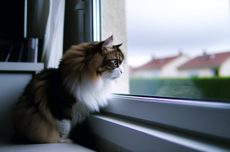 Un chat assis à la fenêtre regardant tristement l'extérieur.
