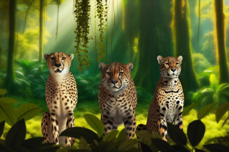 Trois félins sauvages côte à côte : un guépard, un léopard et un jaguar, dans leur environnement naturel.