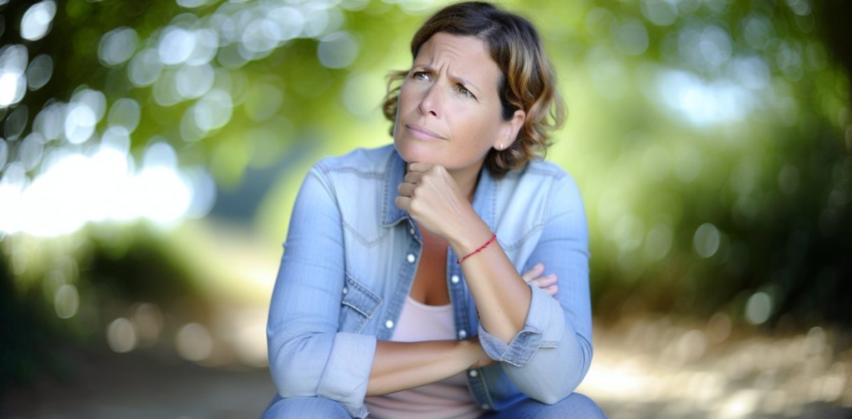 Une femme seule, semblant perplexe et contemplative, assise dans un espace paisible et naturel.