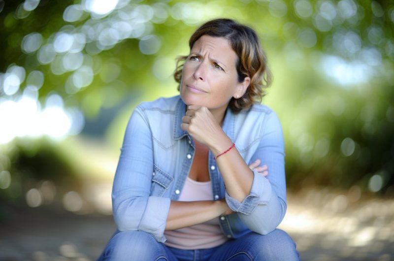 Une femme seule, semblant perplexe et contemplative, assise dans un espace paisible et naturel.