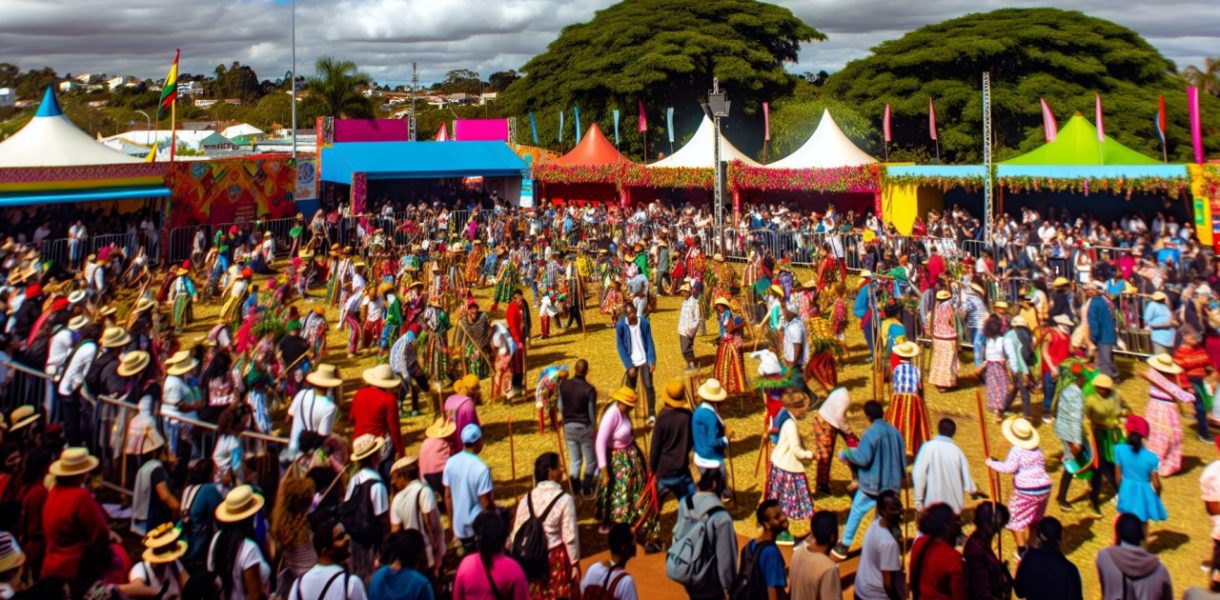 Une foule colorée et animée participant à un festival culturel en plein air.