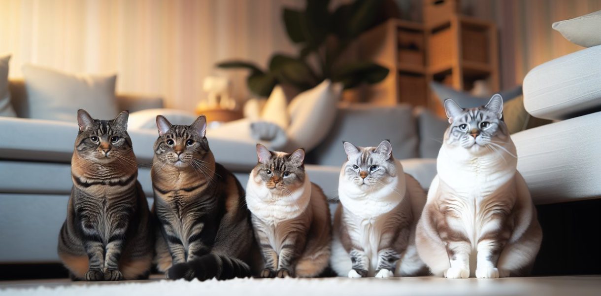 Plusieurs grands chats de différentes races posant ensemble.