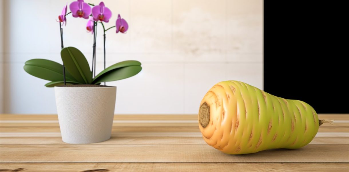 Un légume placé à côté d'une orchidée en pot sur une table en bois.