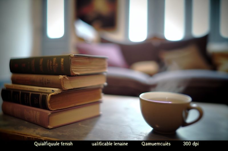 Des livres anciens empilés sur un canapé confortable avec une tasse de thé à côté.