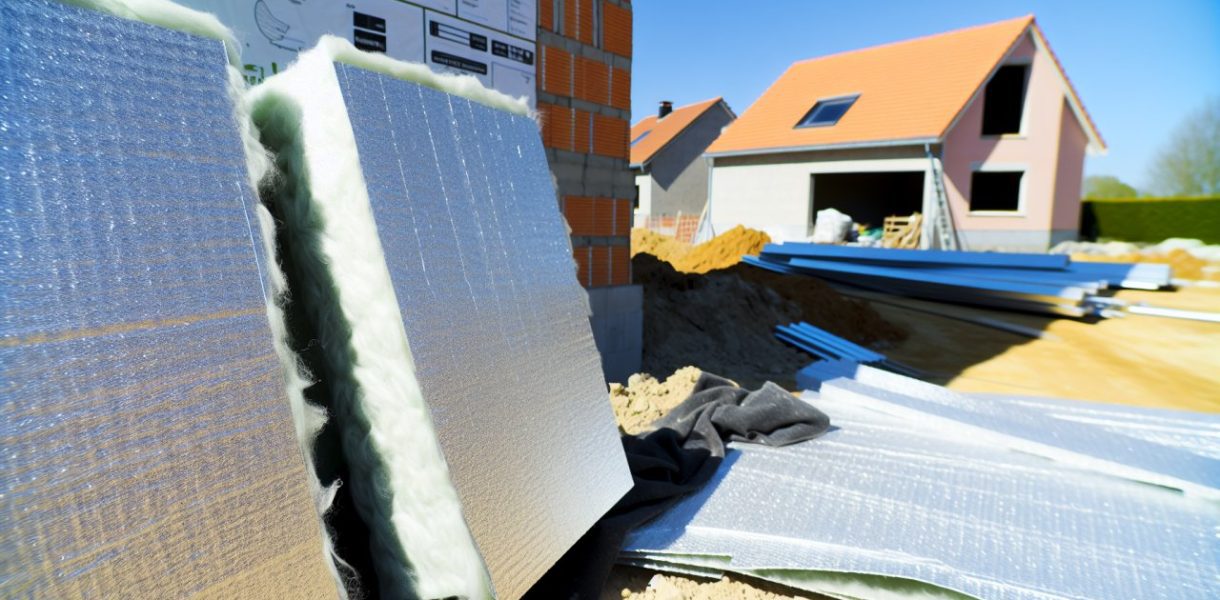 Des matériaux d'isolation thermique disposés à côté d'une maison en construction.
