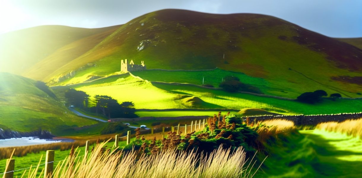 Un paysage de la nature en Irlande, avec des collines verdoyantes et un château ancien en arrière-plan.