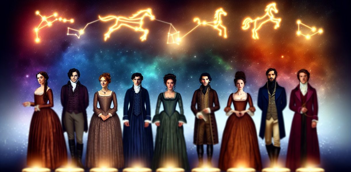 Les personnages principaux de la série Bridgerton alignés avec en arrière-plan un ciel étoilé représentant les différents signes astrologiques.