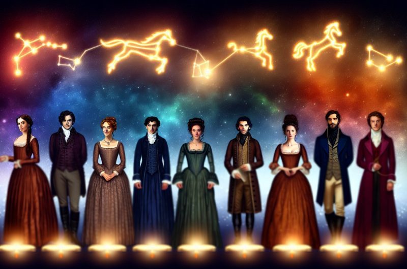 Les personnages principaux de la série Bridgerton alignés avec en arrière-plan un ciel étoilé représentant les différents signes astrologiques.