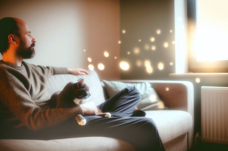 Une personne détendue sur un canapé avec un chat ronronnant sur ses genoux.