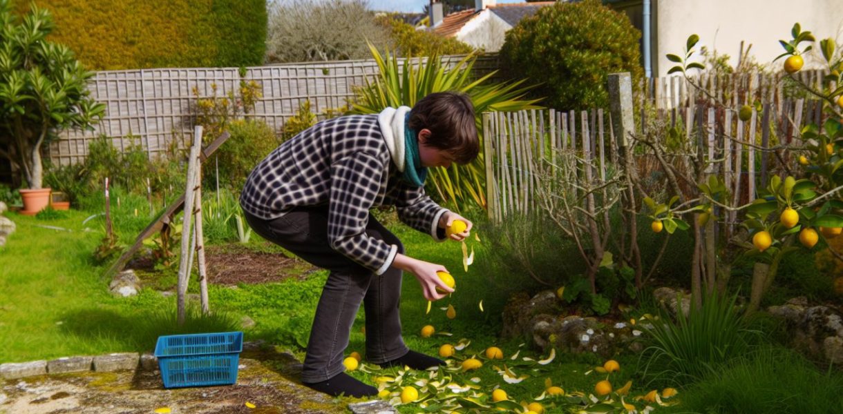 Une personne dispersant du citron autour de son jardin pour éloigner les chats.