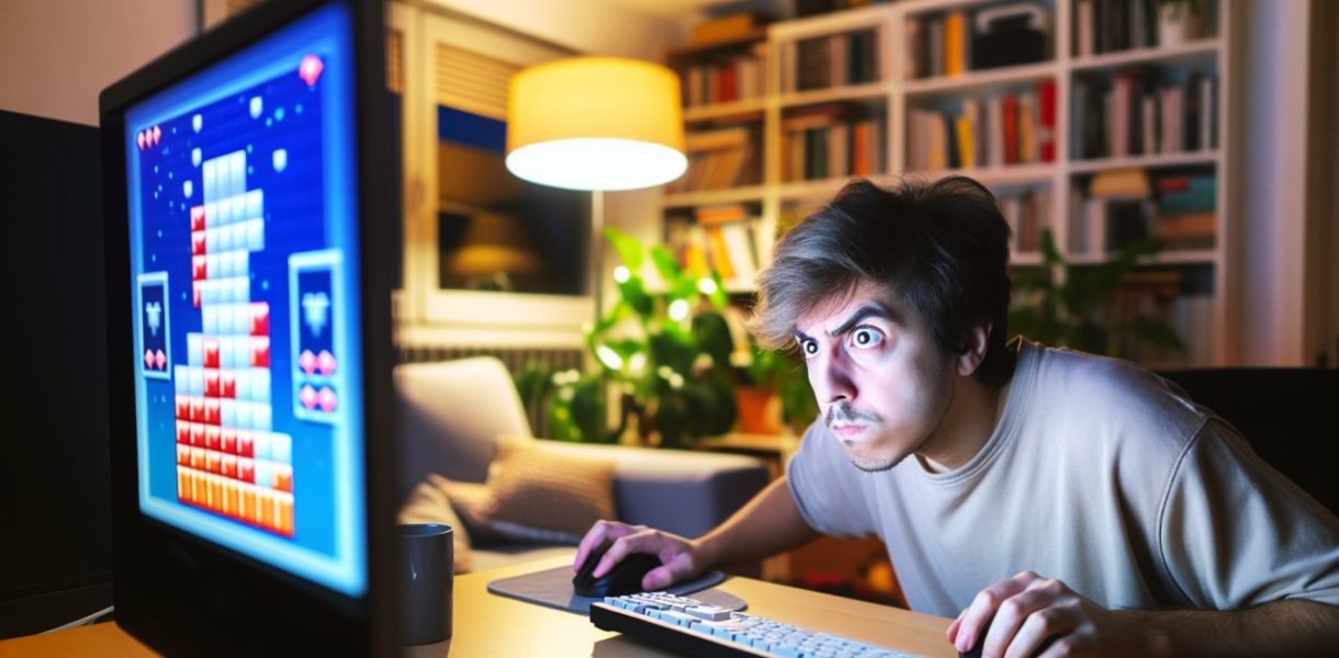 Une personne jouant au jeu Tetris sur un écran d'ordinateur, avec une expression concentrée et obsédée.