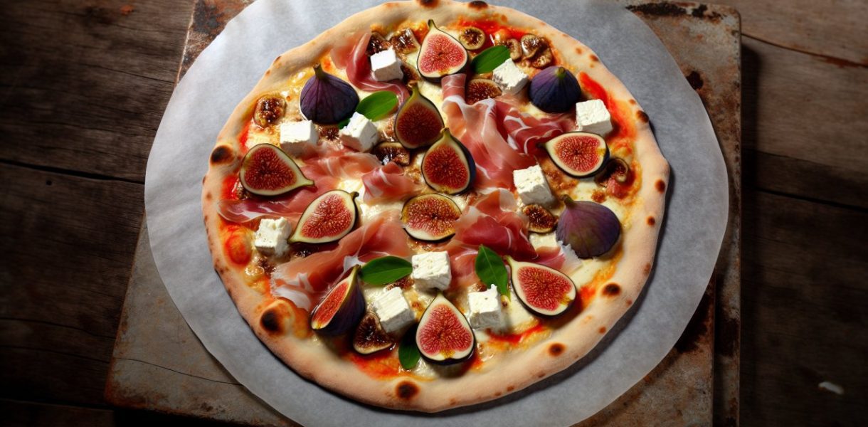Une pizza garnie de figues fraîches, de tranches de prosciutto et de morceaux de fromage de chèvre, sur une table rustique.