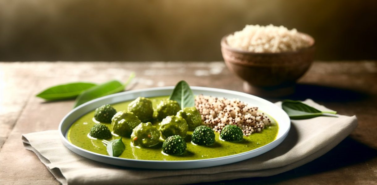 Un plat de curry vert thaï garni de boulettes de quinoa, présenté de manière attrayante sur une table rustique.