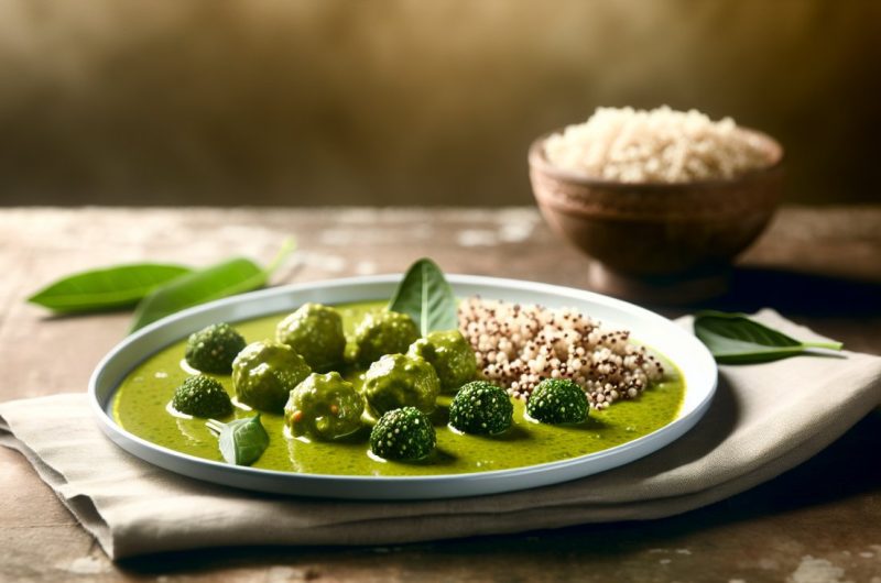 Un plat de curry vert thaï garni de boulettes de quinoa, présenté de manière attrayante sur une table rustique.