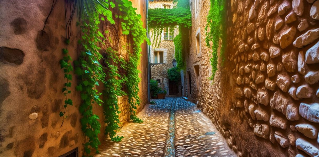 Une ruelle étroite et pittoresque dans une vieille ville, avec des détails architecturaux uniques et des plantes grimpantes sur les murs.