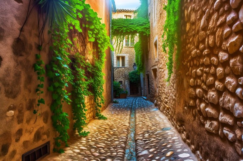 Une ruelle étroite et pittoresque dans une vieille ville, avec des détails architecturaux uniques et des plantes grimpantes sur les murs.