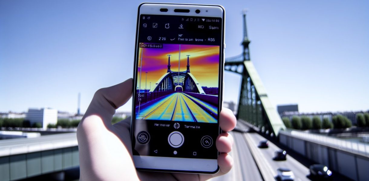 Un smartphone utilisé pour scanner un pont, avec une image thermique affichée sur l'écran.