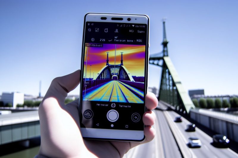 Un smartphone utilisé pour scanner un pont, avec une image thermique affichée sur l'écran.