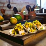 Des tacos de poisson garnis de salsa de mangue et gingembre, disposés sur une planche en bois.