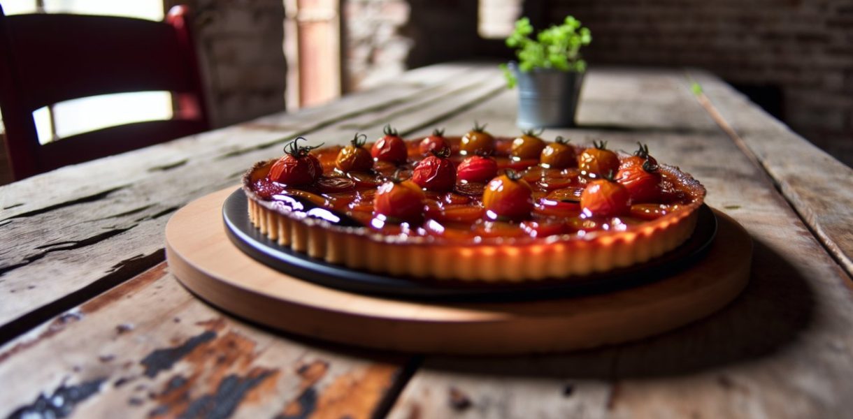Une tarte tatin aux tomates cerises avec une touche de caramel balsamique disposée sur une table rustique.