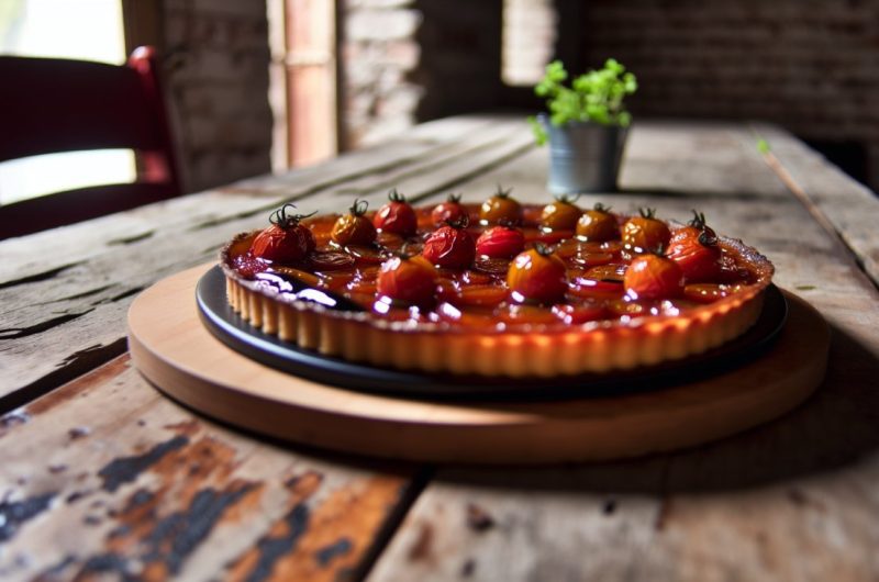 Une tarte tatin aux tomates cerises avec une touche de caramel balsamique disposée sur une table rustique.