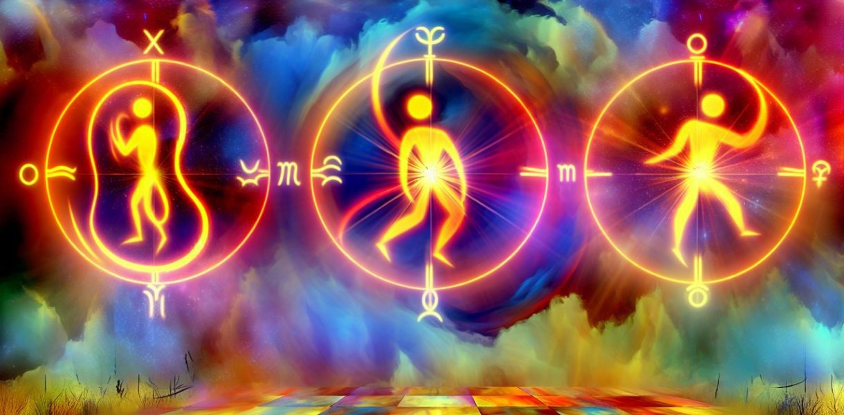 Une représentation artistique des trois signes du zodiaque concernés sous un ciel étoilé.