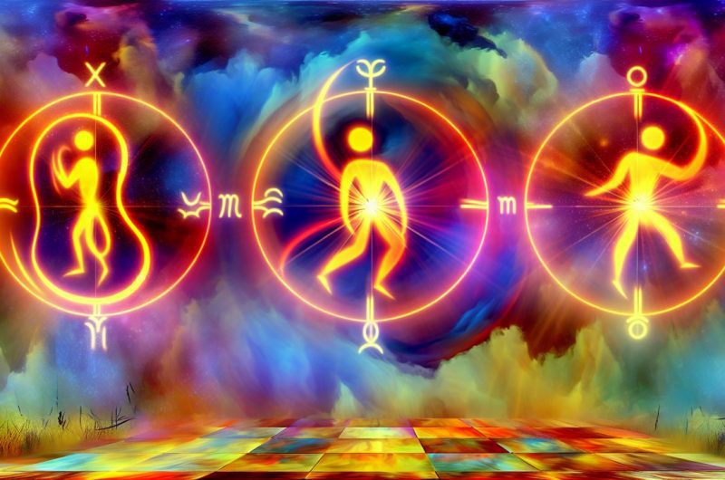 Une représentation artistique des trois signes du zodiaque concernés sous un ciel étoilé.