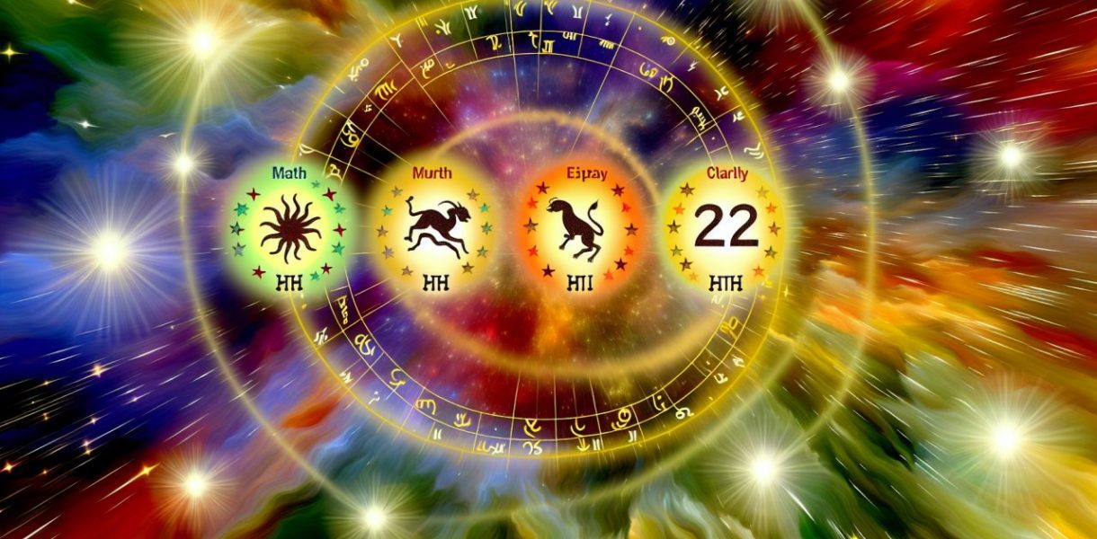 Trois symboles du zodiaque brillant dans un ciel nocturne étoilé.