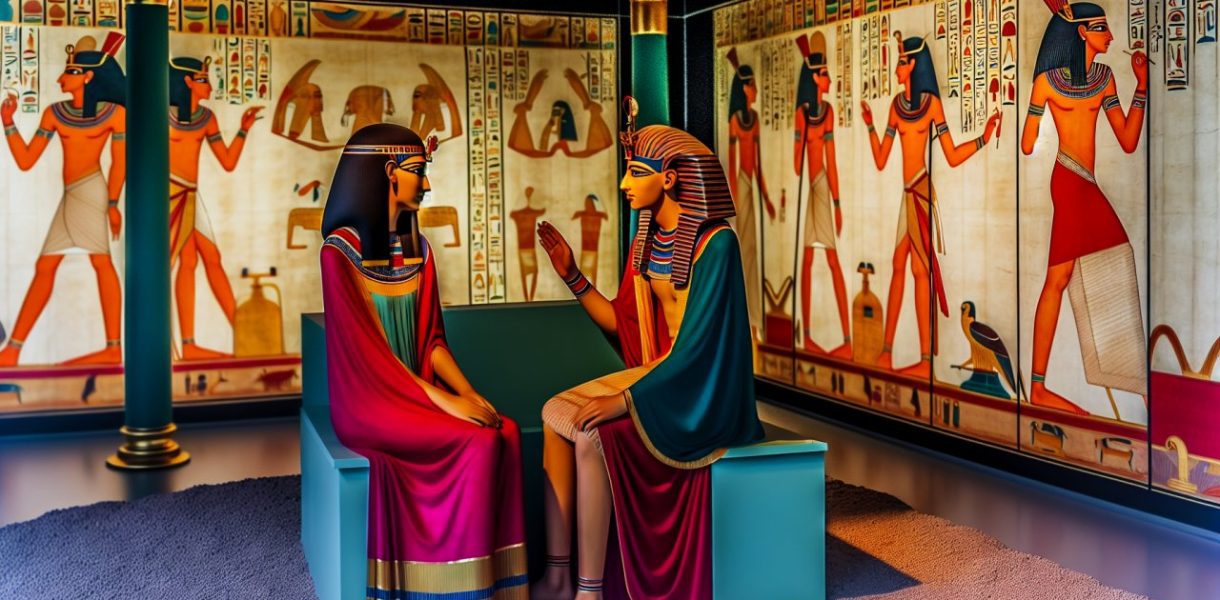 Des statues de Akhenaton et Néfertiti côte à côte dans un musée.