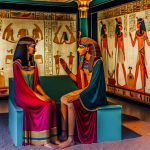 Des statues de Akhenaton et Néfertiti côte à côte dans un musée.