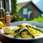 Une assiette de pasta al limone aux asperges, garnie de zeste de citron et de copeaux de parmesan, posée sur une table rustique avec un décor italien en arrière-plan.