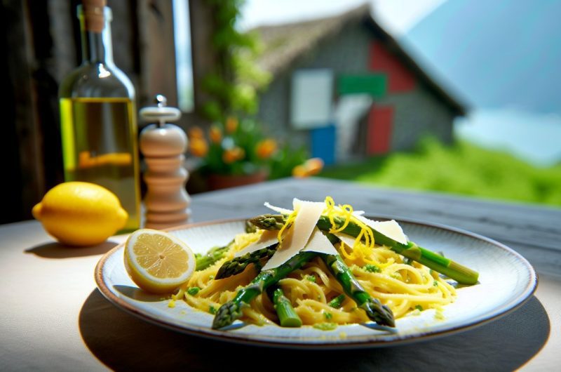 Une assiette de pasta al limone aux asperges, garnie de zeste de citron et de copeaux de parmesan, posée sur une table rustique avec un décor italien en arrière-plan.