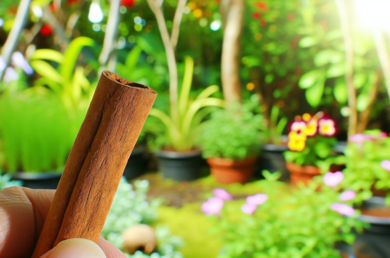 Des bâtons de cannelle posés à côté de plantes luxuriantes dans un jardin.