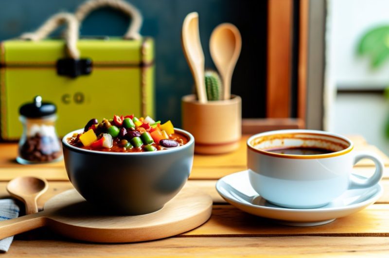 Un bol de chili végétarien coloré et appétissant sur une table en bois, avec une tasse de café à côté.